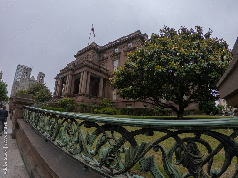 San Francisco, CA, USA, June 29, 2022: James Clair Flood Mansion (Pacific-Union Club), is a historic mansion at 1000 California Street, atop Nob Hill in SF, Now home of the Pacific-Union Club.