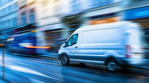 Speeding white delivery van in blurred motion on an urban street, representing fast delivery services.