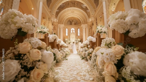 Luxurious church wedding aisle adorned with white flowers, perfect for matrimonial settings.
