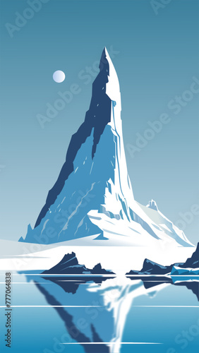 the polar landscape. drawing of the northern nature in the early morning in a minimalist style. a lonely big ice mountain, an iceberg, a cold ocean, the moon. monochrome blue and white