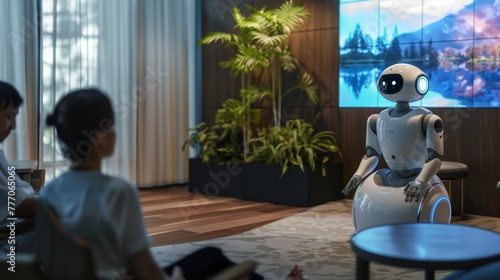 Interactive therapy session with a robot psychologist in a serene environment.