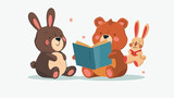 Cartoon bear and rabbit reading book flat vector isolated