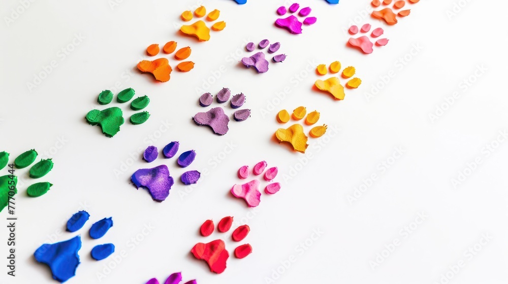 A footprints, paw print path Dog paws. Kitten. Paw prints of bright colors of animals, silhouettes on a white background. A footprints, paw print path Dog paws. Kitten. Paw prints of bright colors of animals, silhouettes on a white background.
