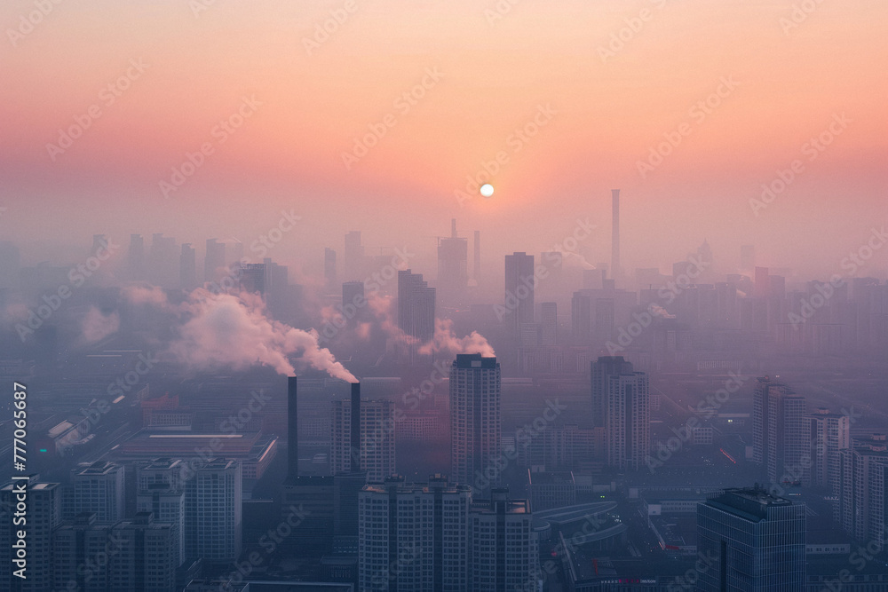 Sunrise over a smoggy city. The smog-filled skyline of an industrial ...