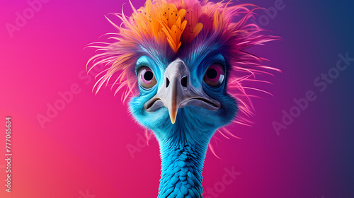 Creative animal concept. Emu bird, vibrant bright stylish outfit isolated on solid background advertising with copy space