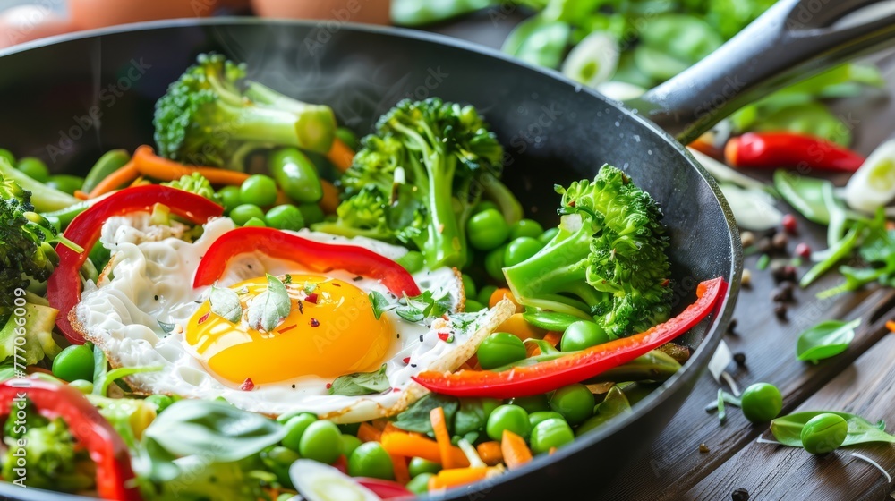 Fresh vegetable stir-fry with egg, ideal for healthy eating content. Fresh vegetable stir-fry with egg, ideal for healthy eating content.