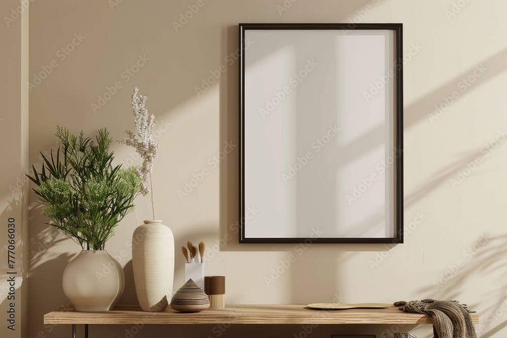 Empty picture in black frame in minimalist beige design interior