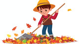 Cartoon boy gardener raking leaves flat vector isolated