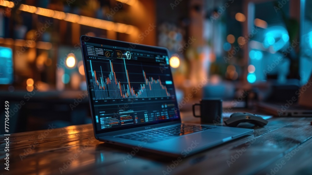 Business concept showing graphs and charts with numbers and lines in the stock market An office at night showing a candlestick chart on a computer or laptop Business concept showing graphs and charts with numbers and lines in the stock market An office at night showing a candlestick chart on a computer or laptop