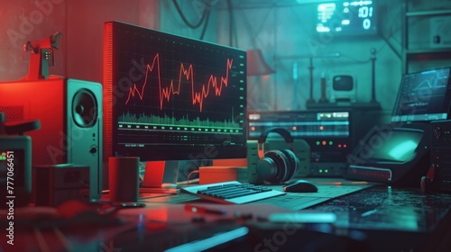 A graph and chart showing the stock market business concept at night on a table, along with a candlestick chart in the office