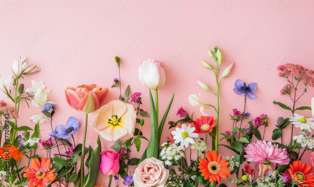 Colorful Spring Flowers Background. Greeting card with copy space, top view. Mother's Day, Woman's Day, Easter, Valentine's Day, Wedding, and Birthday celebration concept.