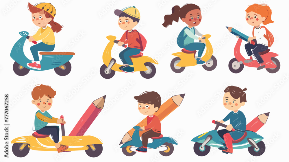 Cartoon children riding pencil toys collection set 