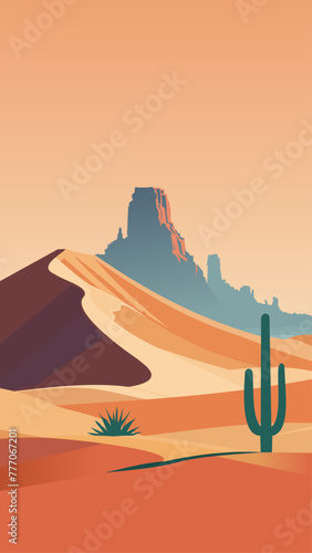 desert landscape in a minimalist style with a large rock in the distance and sand dunes and a cactus in the foreground. at dawn or dusk. vertical orientation