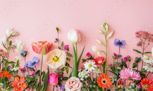 Colorful Spring Flowers Background. Greeting card with copy space, top view. Mother's Day, Woman's Day, Easter, Valentine's Day, Wedding, and Birthday celebration concept.