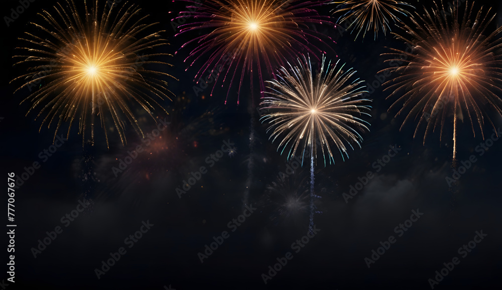 Colorful fireworks on dark background with copy space. Background, banner for new year eve, independence day, celebration, holiday