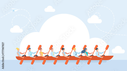 A large business team. Many people. Rowing teamwork. People group with paddle on boat canoe in river competing race, water sport team together at kayak rower athletes boating crew. Vector illustration