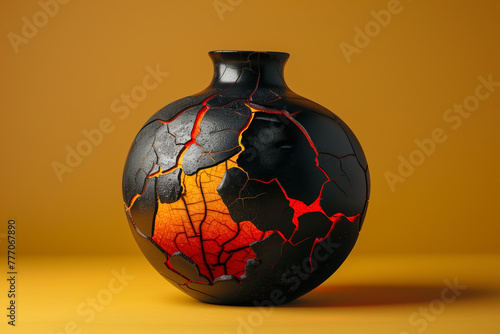 3D ceramic kintsugi pottery, red lava cracks, Yellow dark gradient background, Dark studio lights photo