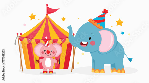 Cartoon cute elephant and clown with circus tent flat