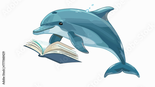 Cartoon dolphin holding book isolated on white background