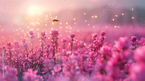 Bee in magical flower field with pink flowers, sunlight rays and bokeh lights of life