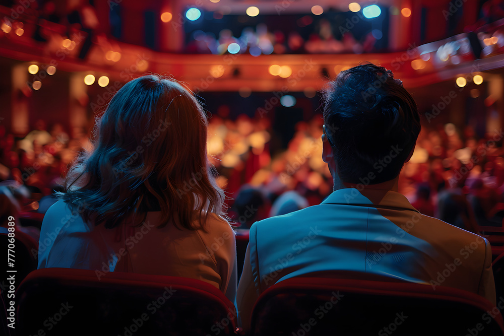 Junges Paar, Mann und Frau sitzen in einem Theater, Blick auf die Bühne, erstellt mit generativer KI