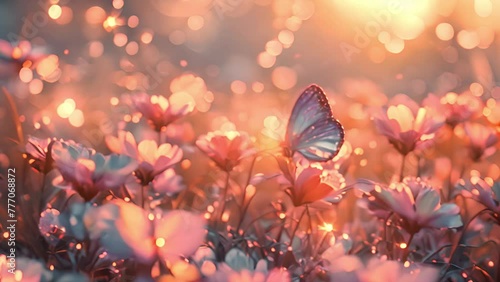 Butterfly in amazing pink pastel landscape.. Soft pink and purple sky background with rainbow, clouds, stars and butterflies. Pink pastel magical landscape 4k video spring photo