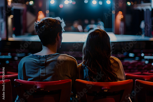Junges Paar, Mann und Frau sitzen in einem Theater, Blick auf die Bühne, erstellt mit generativer KI photo