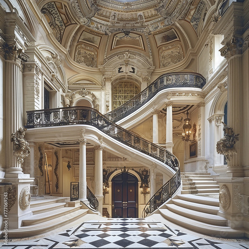 : A grand staircase in a palatial mansion, adorned with intricate carvings and sweeping banisters, exuding opulence. © jerry