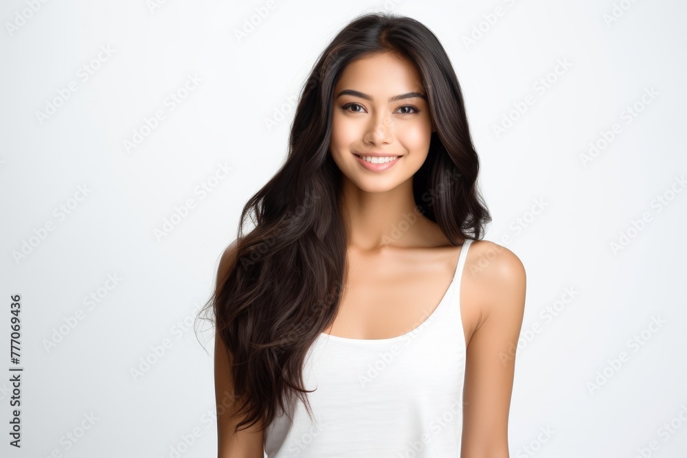 a Japanese woman's radiant smile in a meticulously crafted stock photo, embodying the epitome of professionalism. She is wearing white - pink pastel color on white background. a Japanese woman's radiant smile in a meticulously crafted stock photo, embodying the epitome of professionalism. She is wearing white - pink pastel color on white background.