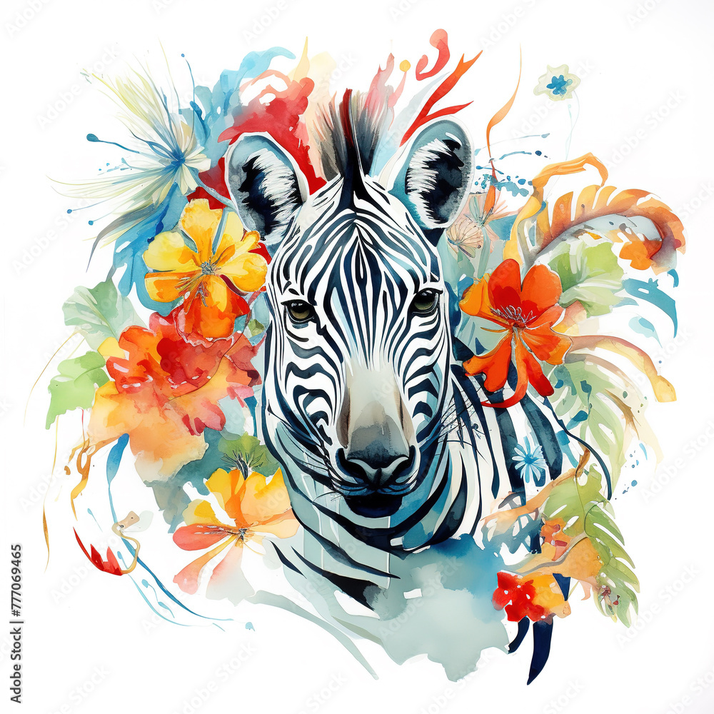 Obraz premium Image of a zebra head with colorful tropical flowers on white background. Mammals. Wildlife Animals.