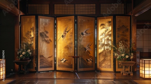 A large traditional Japanese screen stands in the center of the room its panels adorned with intricate gold leaf designs of cranes and bamboo. The light filtering through the screen . photo