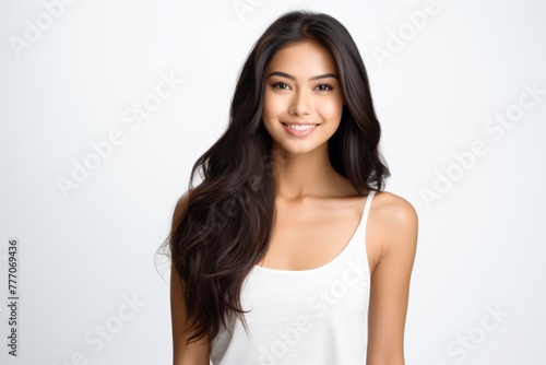 a Japanese woman s radiant smile in a meticulously crafted stock photo  embodying the epitome of professionalism. She is wearing white - pink pastel color on white background.