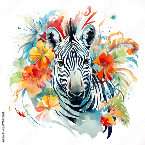 Image of a zebra head with colorful tropical flowers on white background. Mammals. Wildlife Animals.