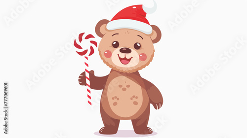 Cartoon funny baby bear holding Christmas candy flat vector © Jasmin