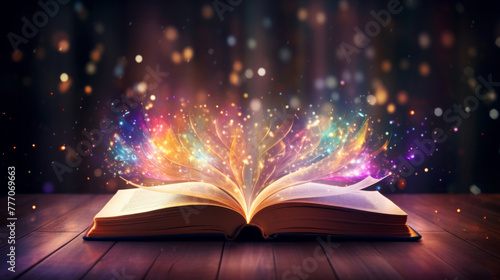 Education, fantasy and spiritual with book and light on table for fairytale, imagination and night. Glitter, storytelling and story literature on a dark background for learning, development or school © Peopleimages - AI