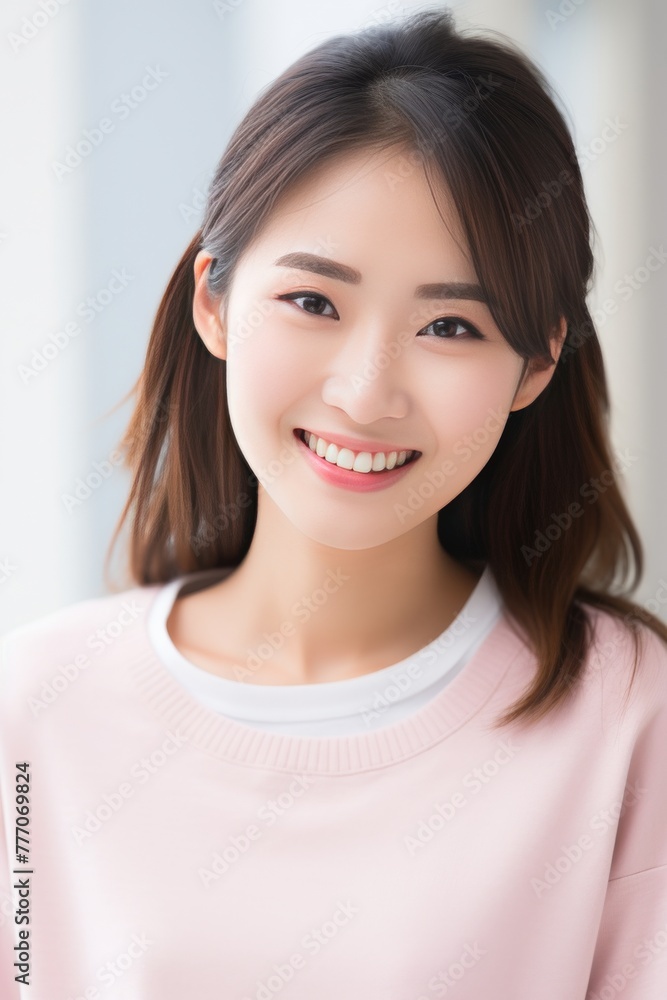 a Japanese woman's radiant smile in a meticulously crafted stock photo, embodying the epitome of professionalism. She is wearing white - pink pastel color on white background. a Japanese woman's radiant smile in a meticulously crafted stock photo, embodying the epitome of professionalism. She is wearing white - pink pastel color on white background.
