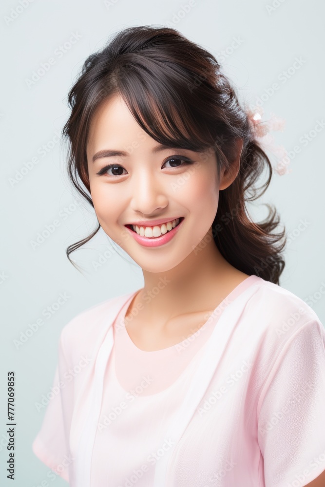 a Japanese woman's radiant smile in a meticulously crafted stock photo, embodying the epitome of professionalism. She is wearing white - pink pastel color on white background. a Japanese woman's radiant smile in a meticulously crafted stock photo, embodying the epitome of professionalism. She is wearing white - pink pastel color on white background.