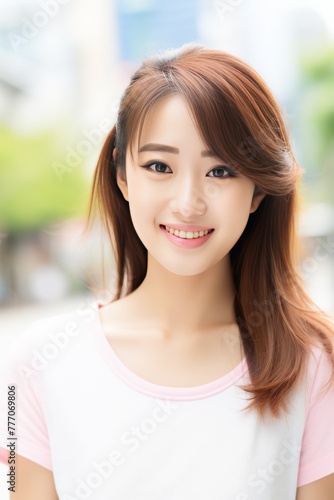a Japanese woman's radiant smile in a meticulously crafted stock photo, embodying the epitome of professionalism. She is wearing white - pink pastel color on white background. © Surachetsh