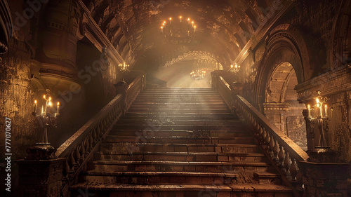   A grand staircase lined with flickering torches  leading into the depths of a mysterious dungeon.