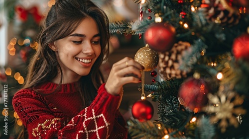 Holiday Cheer A Young Woman Decorating a Christmas Tree Generative AI