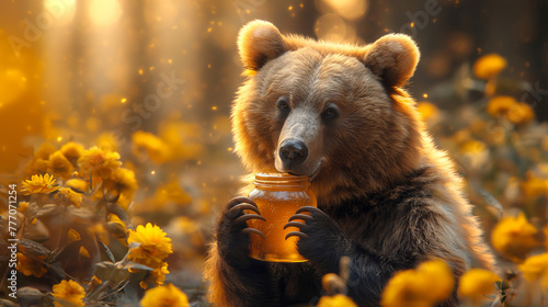 А bear eats honey from a jar surrounded by yellow flowers