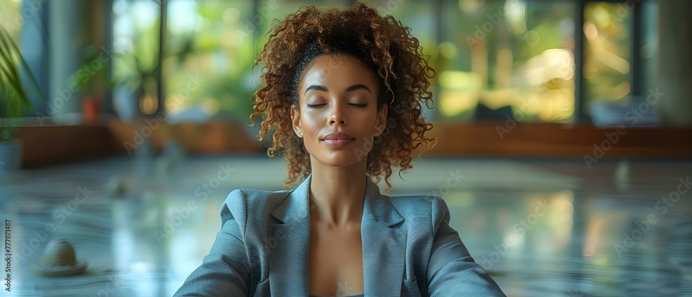 Businesswoman meditating in office for stress relief and mental clarity. Concept Work Stress, Stress Relief, Mental Clarity, Office Meditation, Businesswoman - obrazy, fototapety, plakaty 