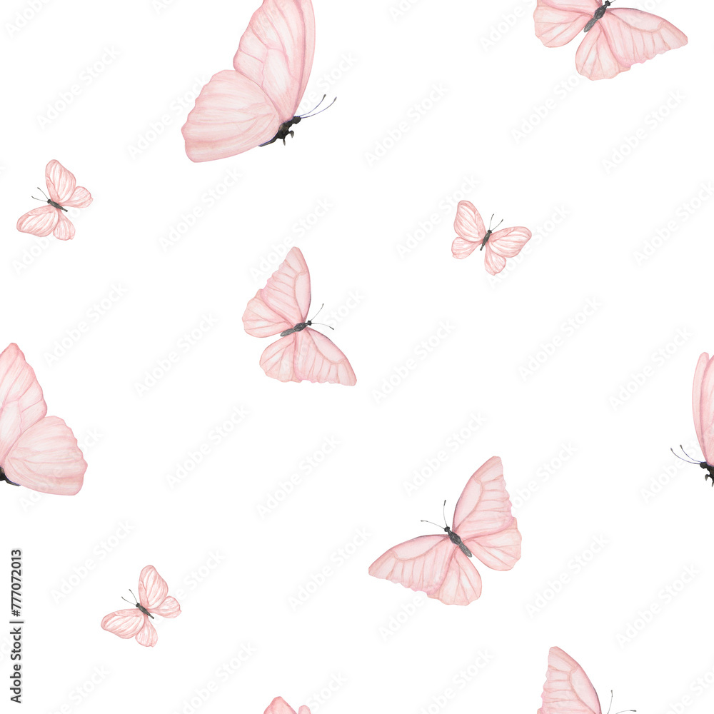 Watercolor seamless pattern with illustration of delicate pink butterflies. Handmade, isolated