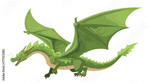 Cartoon green dragon flying flat vector isolated on white