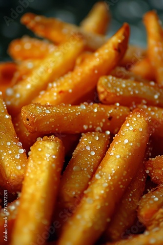 Close up of deep fried french fries for perfect crispy texture and golden brown color
