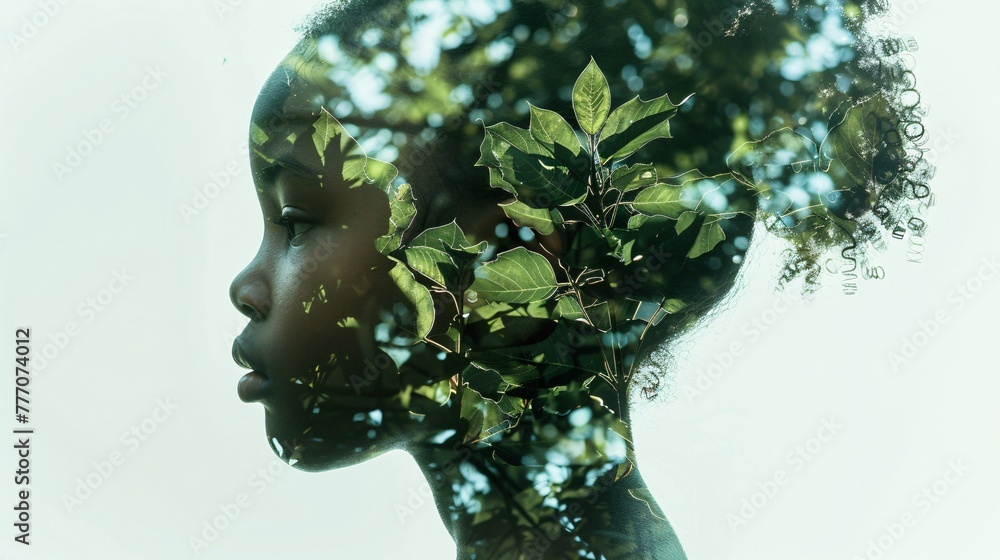  Double exposure of black girl and environment concept