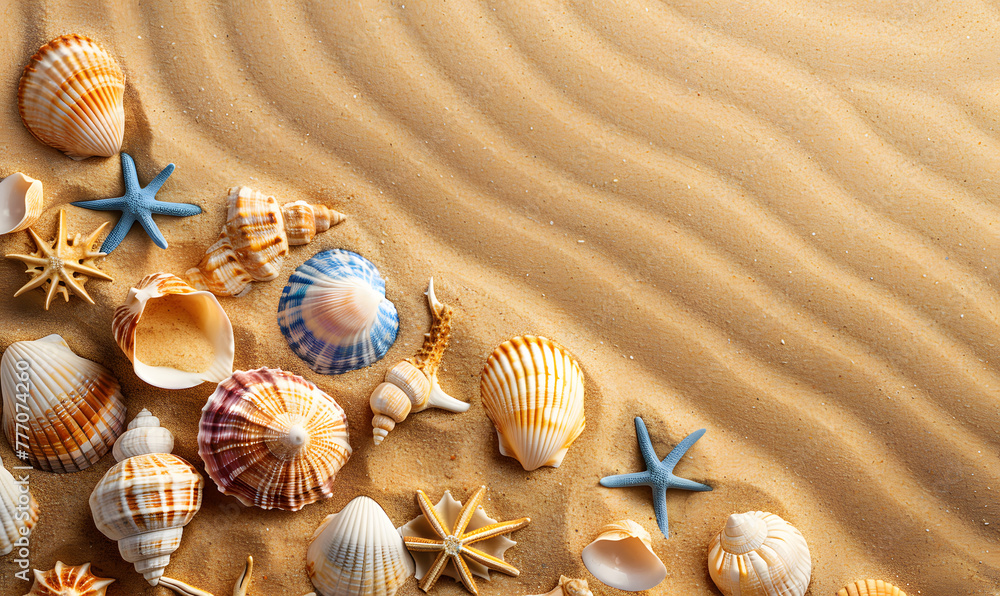 Seashell decorations on soft beach sand background, Generative AI Stock ...