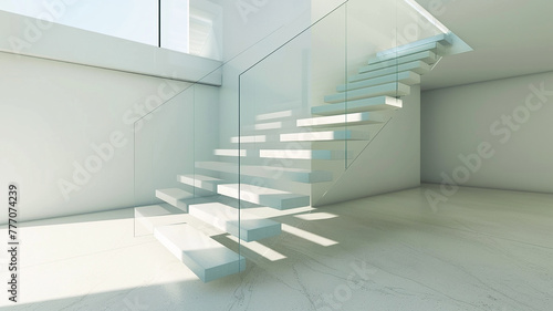 : A modern staircase with floating steps and glass balustrades in a minimalist home.