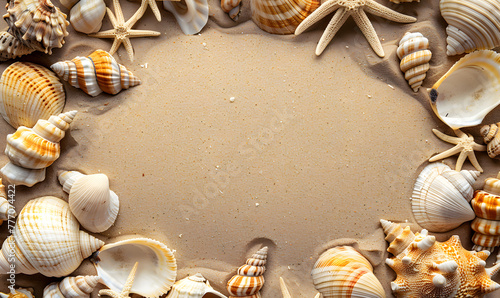 Seashell decorations on soft beach sand background, Generative AI  © simba kim