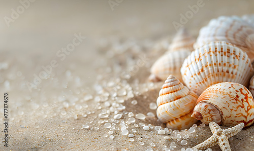 Seashell decorations on soft beach sand background, Generative AI  © simba kim